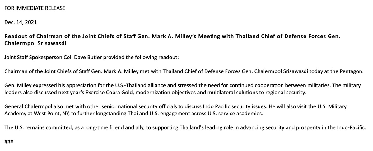 .@thejointstaff Chair Gen Mark Milley met with Thailand  Chief of Defense Forces Ge. Chalermpol Srisawasdi  Milley expressed his appreciation for the U.S.-Thailand alliance and stressed the need for continued cooperation between militaries