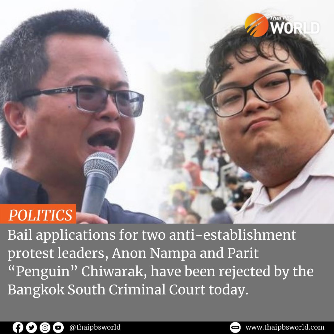 The Bangkok South Criminal Court rejected bail today (Wednesday) for two anti-establishment Ratsadon protest leaders, Anon Nampa and Parit Penguin Chiwarak