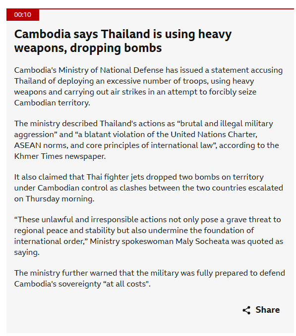 Cambodia's Ministry of National Defense has issued a statement accusing Thailand of deploying an excessive number of troops, using heavy weapons and carrying out air strikes in an attempt to forcibly seize Cambodian territory. - BBC