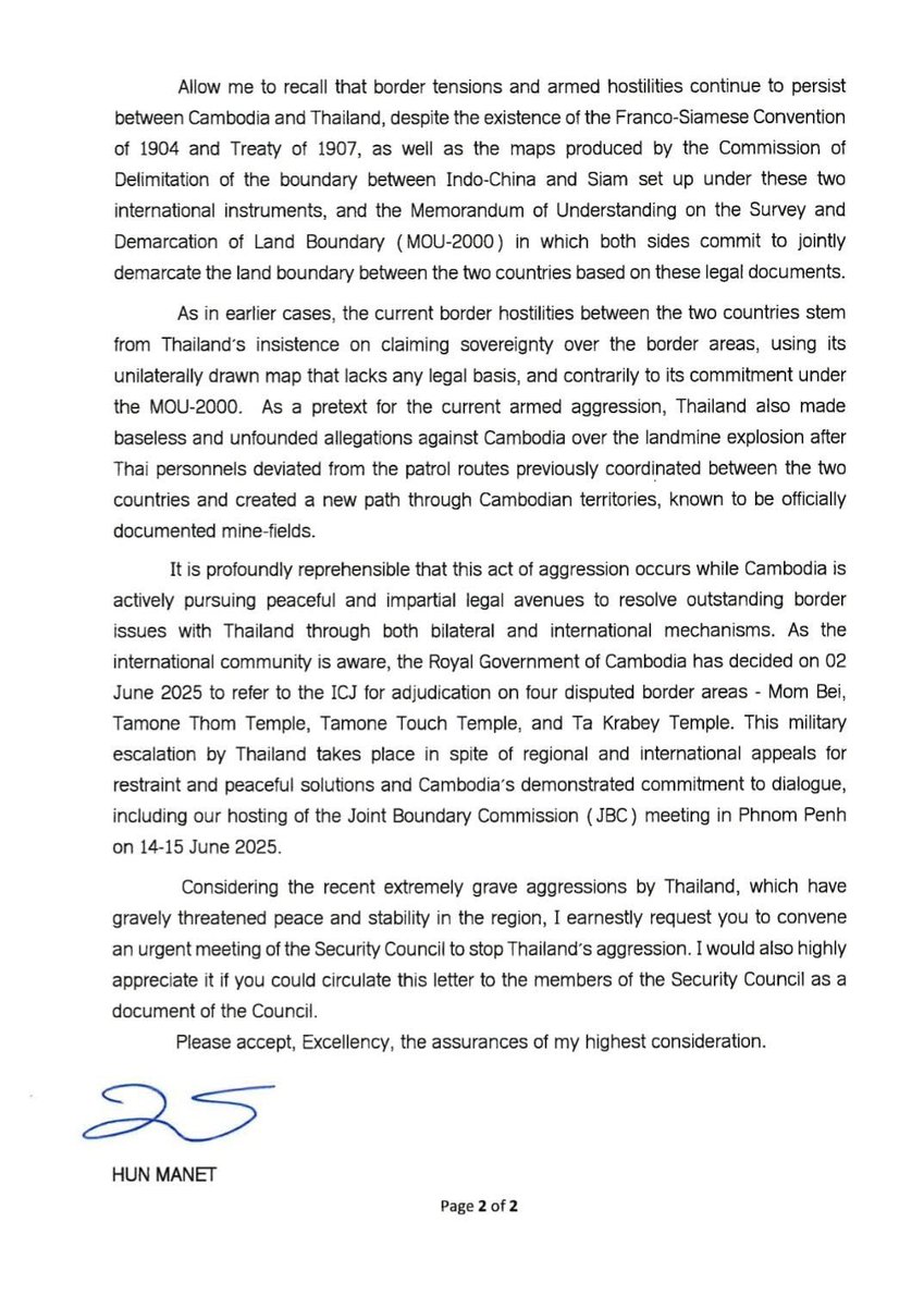 Cambodian Prime Minister Hun Manet has called the UN Security Council to convene an urgent meeting in what it calls an “unprovoked, premeditated and deliberate attack on Cambodia” this morning, continuing to blame Thailand for the escalating border dispute since this morning