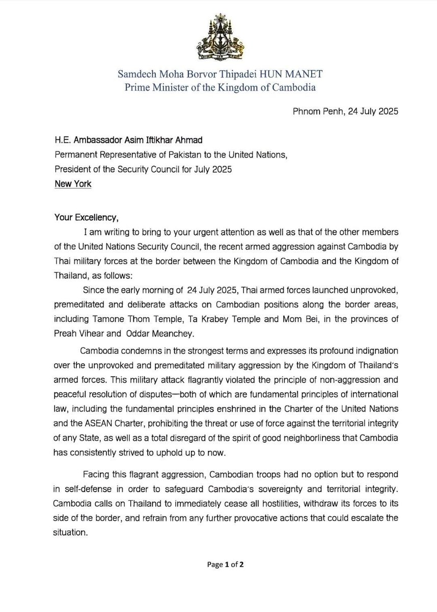 O primeiro-ministro cambojano, Hun Manet, pediu ao Conselho de Segurança da ONU que convoque uma reunião urgente no que chama de ataque não provocado, premeditado e deliberado ao Camboja esta manhã, continuando a culpar a Tailândia pela crescente disputa de fronteira desde esta manhã.