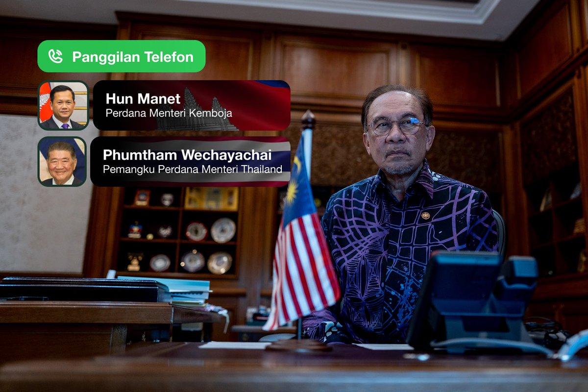 PM of Malaysia: This evening, I contacted the Prime Minister of the Kingdom of Cambodia, Hun Manet, and the Acting Prime Minister of the Kingdom of Thailand, Phumtham Wechayachai, to express Malaysia's concerns over the increasing tension along the border between the two countries.