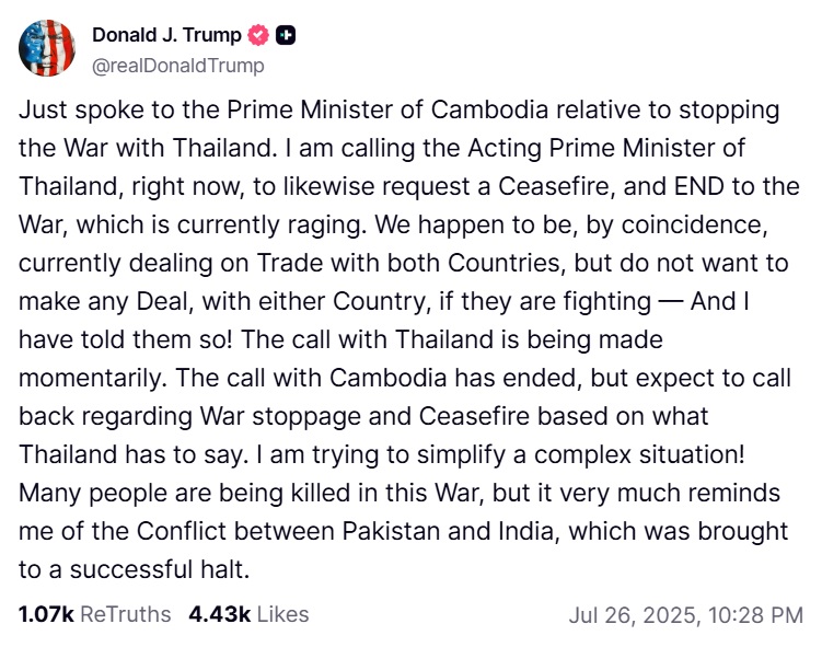 US President Donald Trump said he is stepping in to help end the armed conflict between Thailand and Cambodia, urging both sides to agree to a ceasefire before any trade deals move forward