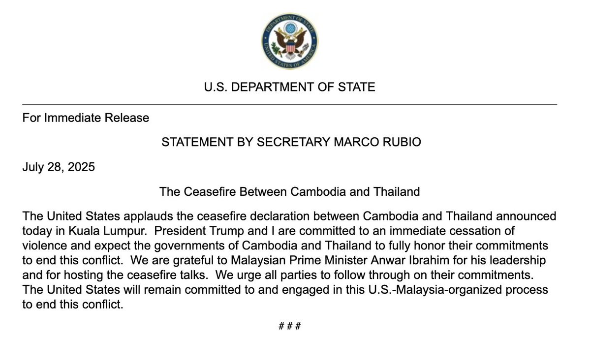 United States applauds the ceasefire declaration between Cambodia and Thailand announced today in Kuala Lumpur.  Rubio's statement