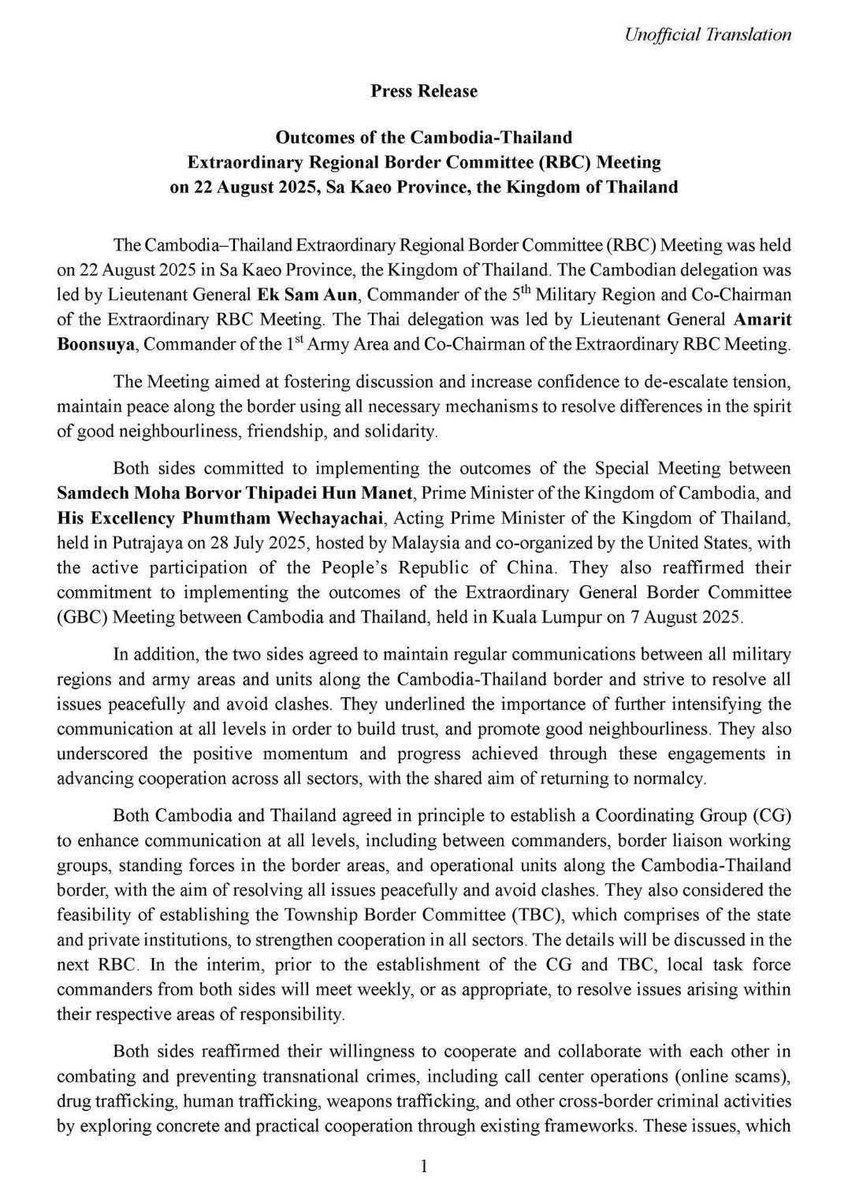 Thai military attaché in Phnom Penh sends protest letter to Cambodia after finding distorted facts in leaked RBC border talks results. Thailand says Cambodia's public statements misrepresent 22 Aug meeting outcomes and undermine bilateral trust