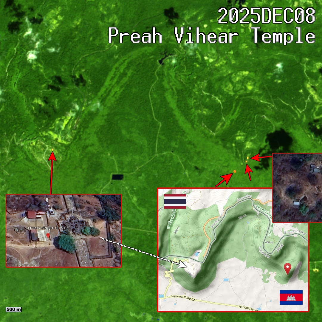 Cambodia command post just beside Preah Vihear Temple, hit by Thailand  airstrike site spotted TODAY on fire